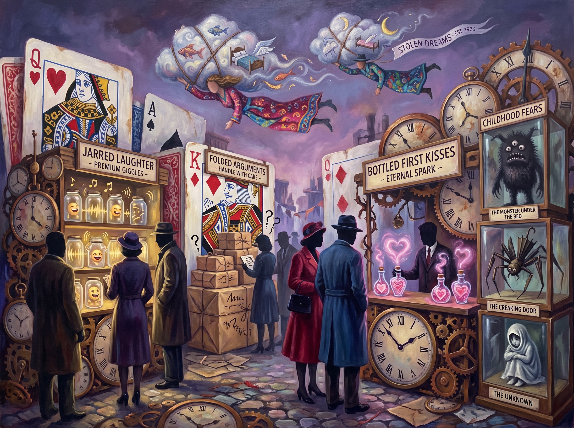 Surrealist painting of a market street lined with giant playing cards and stalls of bottled emotions